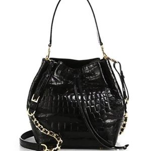 Women's Black Crocodile-embossed Bucket Bag